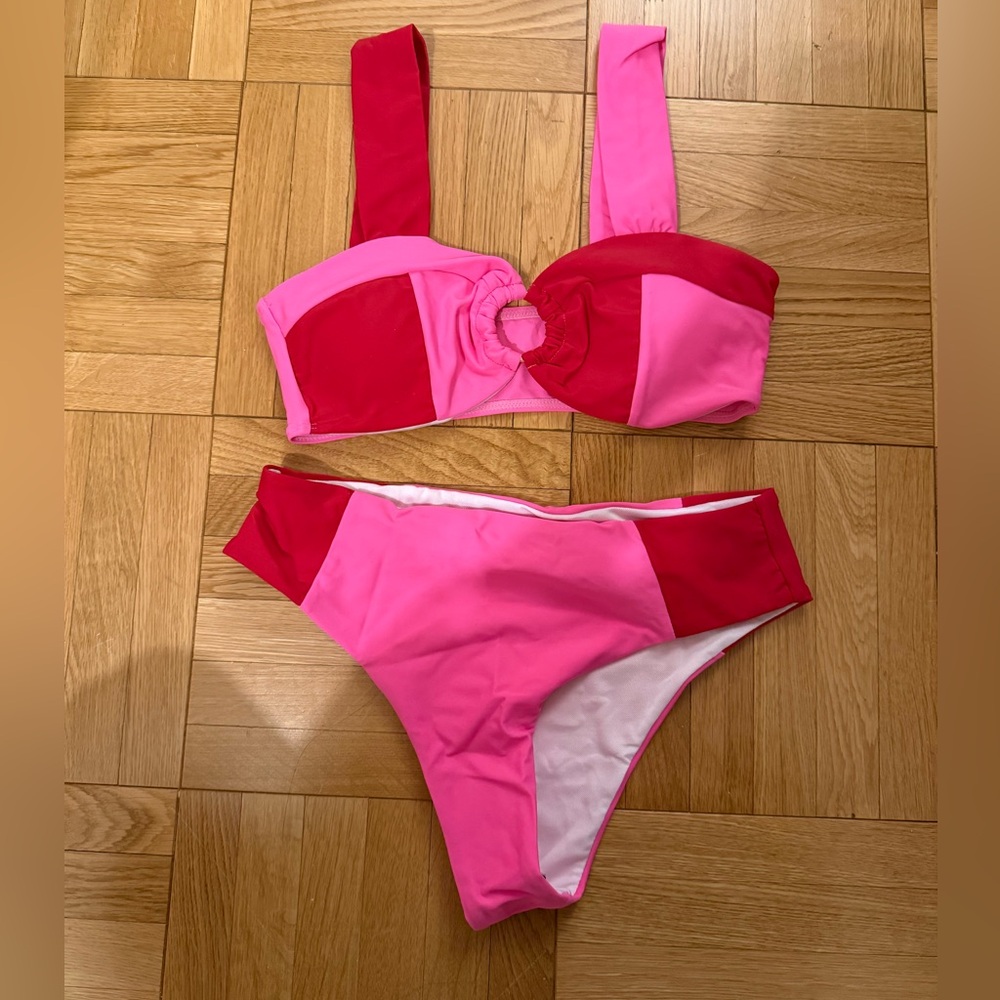 Pink and Red Colorblock Bikini Set